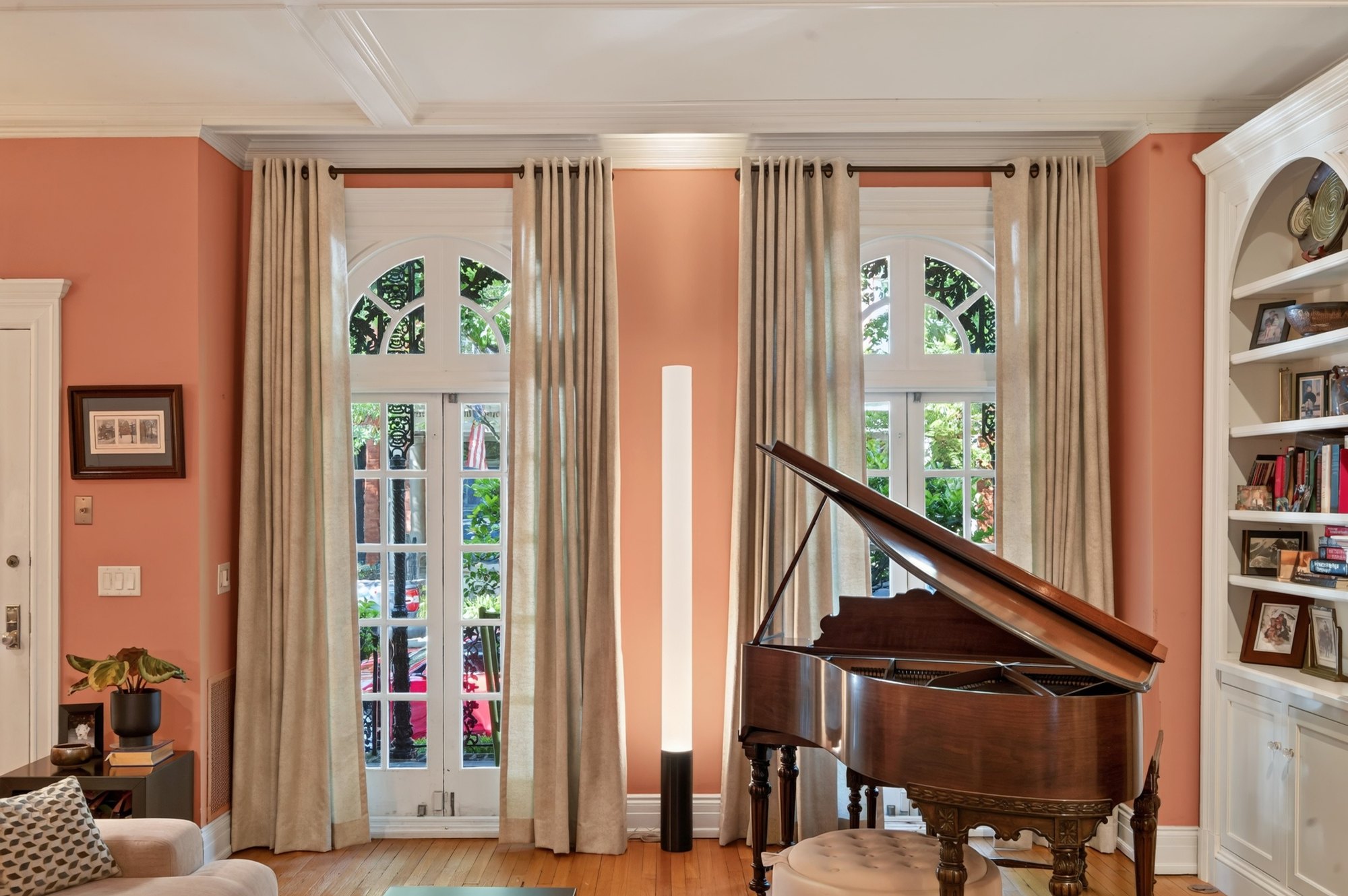 Arched French doors with full-length drapery, A Modern Take on the Fan, Richmond, Virginia