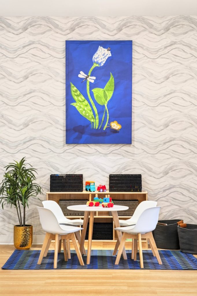Children's play corner with a botanical print, Honda dealership showroom, Short Pump, Virginia
