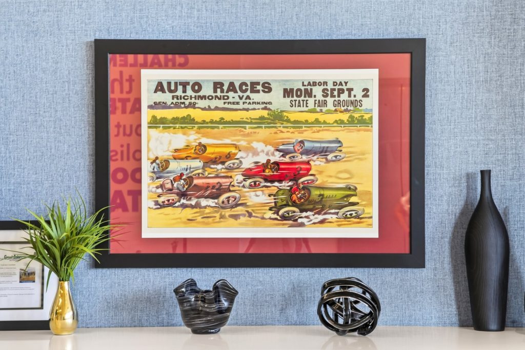 Vintage auto-races poster styled with vases, Honda dealership showroom, Short Pump, Virginia