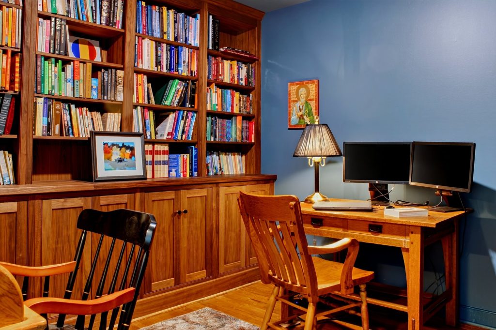 Study from the window side, bookcases and a wooden armchair