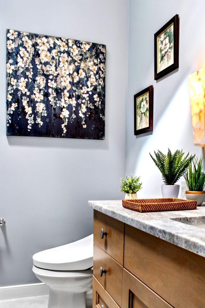Powder room from the doorway, vanity and gallery wall